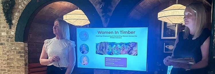 Laura Qualters and Siân Moreton presenting at the Plywood Club of London speaking about Women in Timber