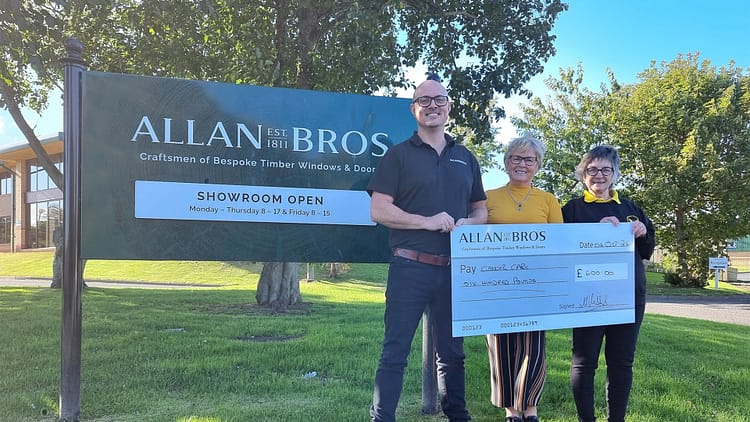 Allan Brothers donated £600 to Berwick Cancer Cars, supporting their service providing free transportation for cancer patients in Berwick upon Tweed.