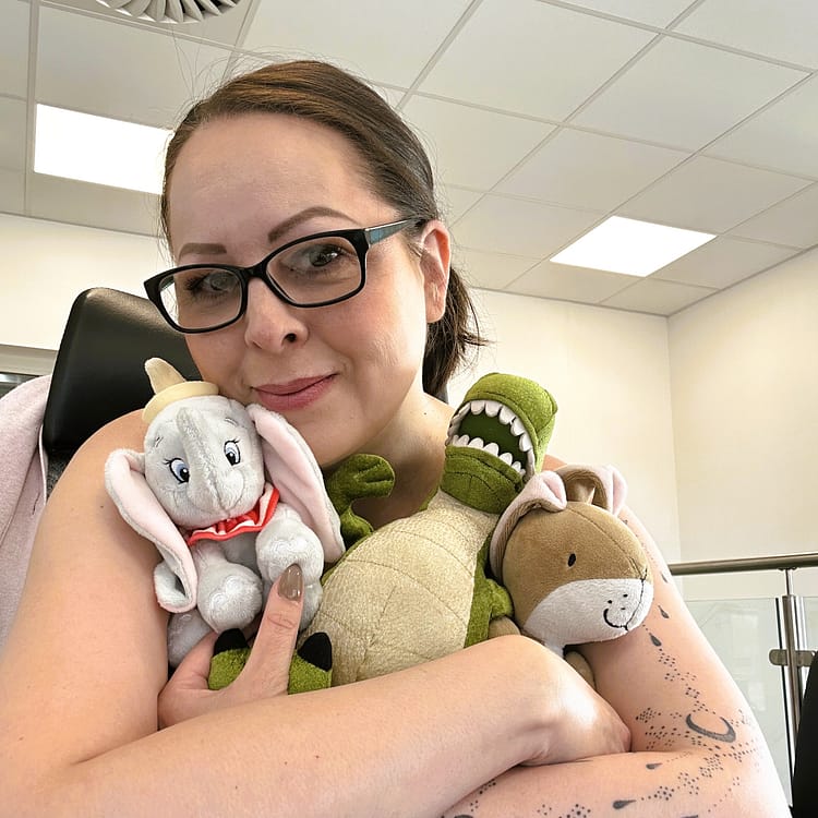 Katie with Cuddlies for the Gingerbread Centre